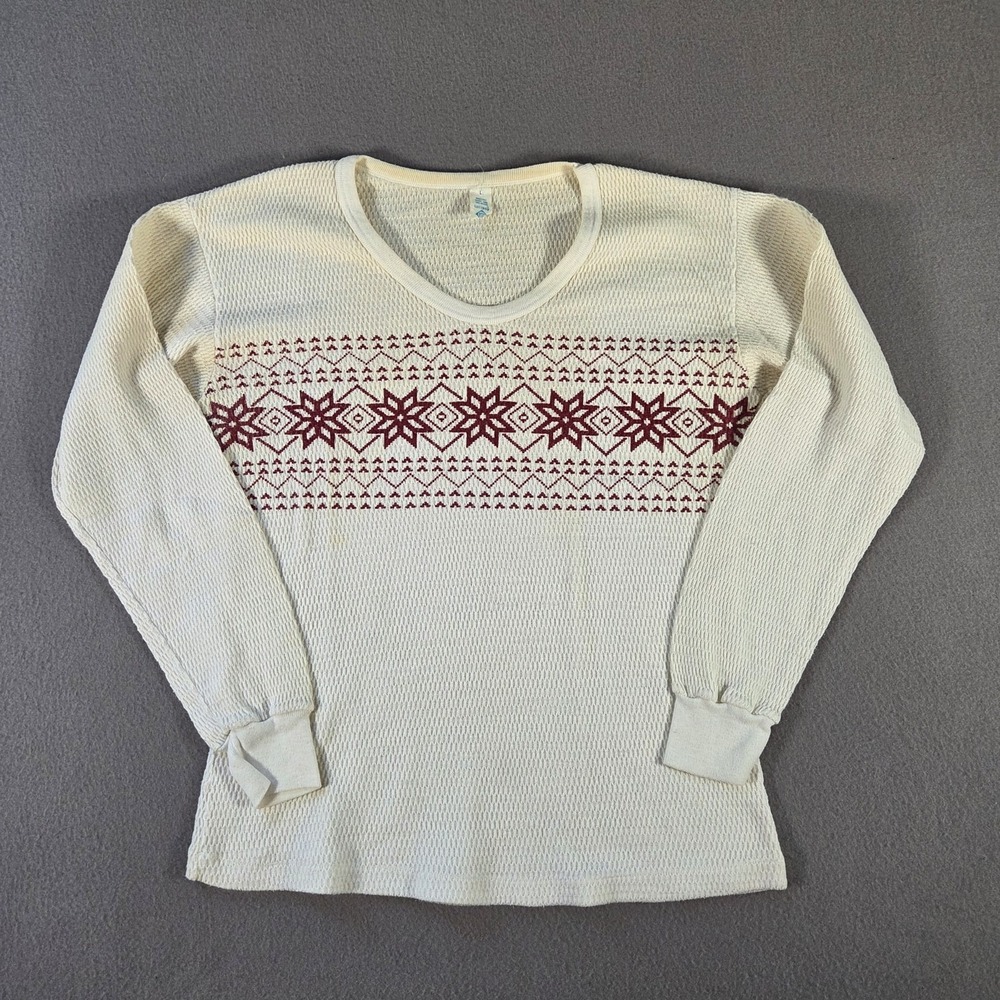 Vintage Thermal Shirt Womens Large Waffle Knit Fair Isle Print Modern Globe Ski